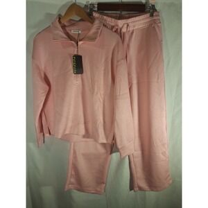 PINSPARK Womens Pink 2 Piece Sweatsuit Quarter Zip Pullover Wide Leg Pants Set M